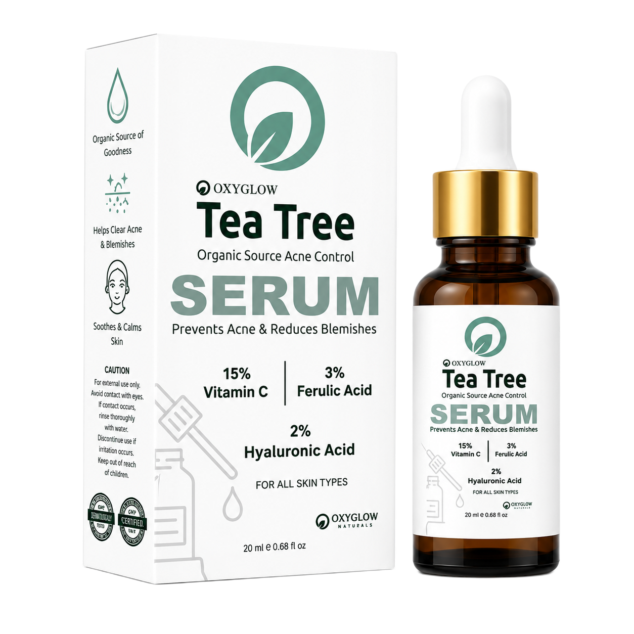 OxyGlow Tea Tree Acne Control Serum with Vitamin C, Ferulic Acid & Hyaluronic Acid